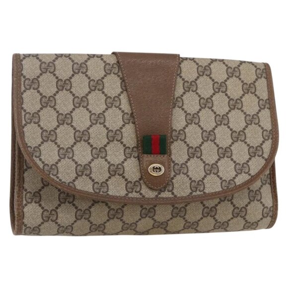 GUCCI GG Supreme Web Sherry Line Clutch Bag PVC Beige Red